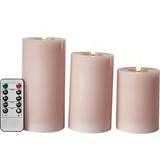 Pink Brugskunst bloklys flad top 3 stk. D7,5x10/12,5/15 LED-lys
