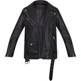 32 - Dame - Imiteret læder Overtøj PrettyLittleThing Longline Belted Biker Jacket - Black