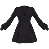 8 - Plisseret Kjoler PrettyLittleThing Button Front Fitted Puff Sleeve Skater Dress - Black