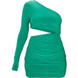 Cut-Out - Grøn - V-udskæring Tøj PrettyLittleThing Slinky One Shoulder Waist Cut Out Ruched Bodycon Dress - Bright Green