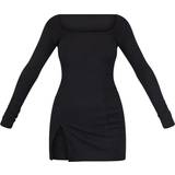 18 - Firkantet - Polyester Kjoler PrettyLittleThing Ribbed Split Hem Square Neck Long Sleeve Bodycon Dress - Black
