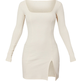 44 - Firkantet - Polyester Kjoler PrettyLittleThing Ribbed Split Hem Square Neck Long Sleeve Bodycon Dress - Cream