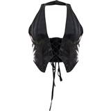 32 - Dame - Imiteret læder Overdele PrettyLittleThing Washed Faux Leather Lace Up Plunge Halterneck Top - Black