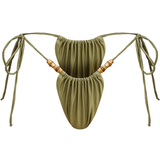 4 - Dame - Grøn Badetøj PrettyLittleThing Wooden Bead Ruched Tanga Bikini Bottoms - Olive