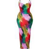 48 - Elastan/Lycra/Spandex - Lange kjoler PrettyLittleThing Printed Plisse Cowl Neck Maxi Dress Plus Size - Multi
