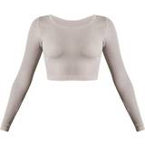 PrettyLittleThing Polyamid Overdele PrettyLittleThing Structured Contour Ribbed Round Neck Long Sleeve Crop Top - Stone
