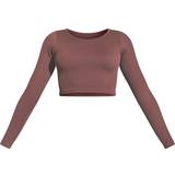 4 - Polyamid Overdele PrettyLittleThing Structured Contour Ribbed Round Neck Long Sleeve Crop Top - Chocolate