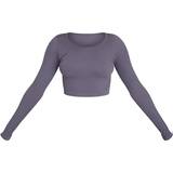 PrettyLittleThing Polyamid Overdele PrettyLittleThing Structured Contour Ribbed Round Neck Long Sleeve Crop Top - Charcoal Grey