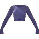 32 - Blå - Polyamid Overdele PrettyLittleThing Structured Contour Ribbed Round Neck Long Sleeve Crop Top - Navy