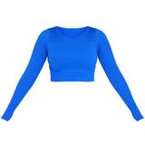 PrettyLittleThing Polyamid Overdele PrettyLittleThing Structured Contour Ribbed Round Neck Long Sleeve Crop Top - Cobalt