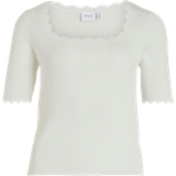 12 - Dame - Firkantet Overdele Vila Lalana Short Sleeve Knitted Top - White Alyssum