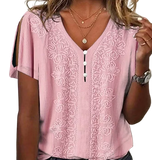 Light In The Box Plain Button Neck Short Sleeve Blouse - Pink
