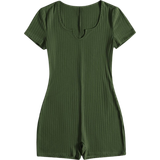 Grøn - Kort ærme Jumpsuits & Overalls Shein EZwear Notched Neck Rib Knit Unitard Romper - Army Green