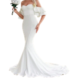Hvid - Off-Shoulder Kjoler Shein Off Shoulder Ruffle Trim Floor Length Wedding Dress - White