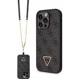 Guess Covers & Etuier Guess iPhone 15 Pro Max 4G Strass Triangle Metal Logo Cover med Crossbody Rem Sort