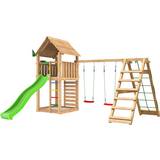 Jungle Gym Cabin 2.1 legetårn med Climb modul, 120 kg sand og grøn rutsjebane