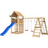 Jungle Gym Cabin 2.1 legetårn med Climb modul, 120 kg sand og blå rutsjebane
