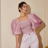 Dame - Firkantet - Pink Overdele Shein Square Neck Puff Sleeve Blouse