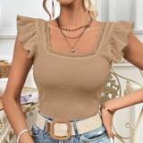 Firkantet - Polyester T-shirts Shein Lace Trim Square Neck Butterfly Sleeve Tee