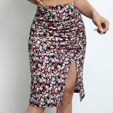Shein Ditsy Floral Print Ruched Split Thigh Skirt