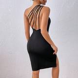 Asymmetriske - Sort Kjoler Shein One Shoulder Strappy Detail Split Thigh Bodycon Dress