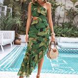 Asymmetriske - Grøn Kjoler Shein Tropical Print One Shoulder Cut Out Ruffle Trim Dress