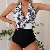 Shein Tropical Print Ruched Halter One Piece Swimsuit