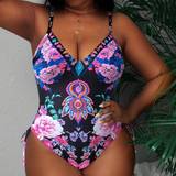 Blomstrede - Dame Badedragter Shein Plus Floral Print Drawstring Side One Piece Swimsuit