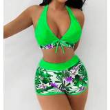 Dame - Grøn Bikinisæt Shein Tropical Print Halter Bikini Swimsuit