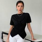 Asymmetriske - Dame T-shirts & Toppe Shein Solid Cross Wrap Asymmetrical Hem Tee