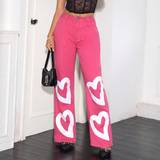 Dame - Pink Jeans Shein Heart Print Wide Leg Jeans