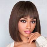 Brun Parykker Shein Machine Made Brown Color Short Straight Bob With Bangs Wig 180% Density