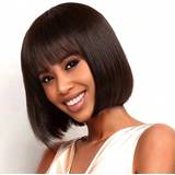 Brun Parykker Shein Machine Made Brown Color Short Straight Bob With Bangs Wig 180%/200% Density