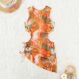 Mesh - Orange Kjoler Shein Allover Print Cut Out Drawstring Side Asymmetrical Hem Mesh Cover Up Dress