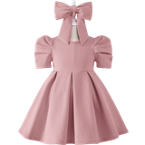 Shein Toddler Girl's Puff Sleeve Fold Pleated Dress With Headband - Dusty Pink