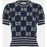 Gucci L Sweatere Gucci GG-jacquard Cotton-blend Short-sleeved Sweater Womens Navy White