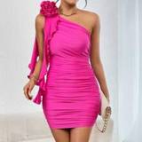 Enskuldret / Enæremet - Pink Kjoler Shein One Shoulder Ruched Ruffle Trim Bodycon Dress