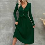 Lang - Polyamid Kjoler Shein Button Detail Pleated Hem Belted Sweater Dress