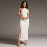 Beige - Lange kjoler Shein Ladies' One Shoulder Beaded Detail Side Slit Elegant Maxi Dress