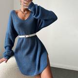 Blå - Enskuldret / Enæremet Kjoler Shein Drop Shoulder Split Hem Drop Shoulder Sweater Dress Without Belt