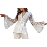 Dame - Flæse Nattøj Shein Appliques Flounce Sleeve Belted PJ Set - White
