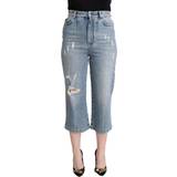 Dolce & Gabbana Dame Bukser & Shorts Dolce & Gabbana Blue Tattered Cotton Denim Capri Cropped Jeans IT40
