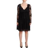 52 - Nylon Kjoler Aniye By Black Floral Lace Cotton Long Sleeves V-neck Shift Dress IT44