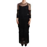 Lange kjoler - Nylon - Sort Dolce & Gabbana Black Sheer Floral Lace Crystal Maxi Dress IT44