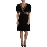 Dolce & Gabbana Leopard Kjoler Dolce & Gabbana Black Leopard A-line Knee Length Dress IT38