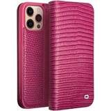 Qialino Pink Mobiletuier Qialino iPhone 14 Pro Max Læderpung Krokodille Hot Pink