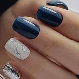 Gaveæsker & Sæt Shein Upgrade Your Look With 24pcs Indigo Glossy Press On Nails, Short Coffin Marble Pattern Bling Sequins Full Cover Fake Nail Set