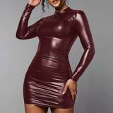 Rød - Skind Kjoler Shein Mock Neck PU Leather Bodycon Dress