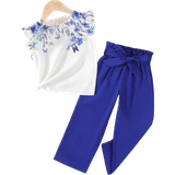 Piger Øvrige sæt Shein Young Girl Floral Print Ruffle Trim Top & Paperbag Waist Belted Pants