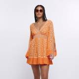 8 - Orange Kjoler River Island Womens Orange Floral Embroidered Beach Mini Dress Orange
